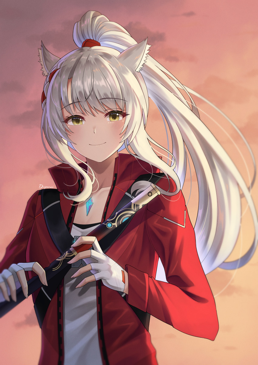 1girl, alternate_hairstyle, animal_ears, borrowed_clothes, camisole, cat_ears, chest_jewel, cosplay, doiparuni, flute, highres, holding, instrument, jacket, long_hair, long_sleeves, looking_at_viewer, mio_(xenoblade), noah_(xenoblade), noah_(xenoblade)_(cosplay), official_alternate_costume, ponytail, smile, solo, tank_top, white_camisole, white_tank_top, xenoblade_chronicles_(series), xenoblade_chronicles_3, yellow_eyes