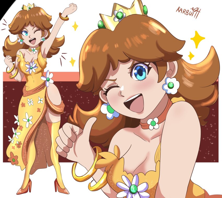 1girl, adapted_costume, alternate_costume, arm_up, blue_eyes, bracelet, breasts, brown_hair, cleavage, crown, dress, earrings, flower, flower_earrings, full_body, happy, high_heels, highres, holder, jewelry, karbuitt, legs, long_hair, looking_at_viewer, mario_(series), medium_breasts, mini_crown, multiple_views, necklace, nintendo, one_eye_closed, open_mouth, orange_dress, orange_socks, princess_daisy, red_background, socks, solo, star_(symbol), strapless, strapless_dress, super_mario_land, teeth, thumbs_up, twitter_username, white_background, wink