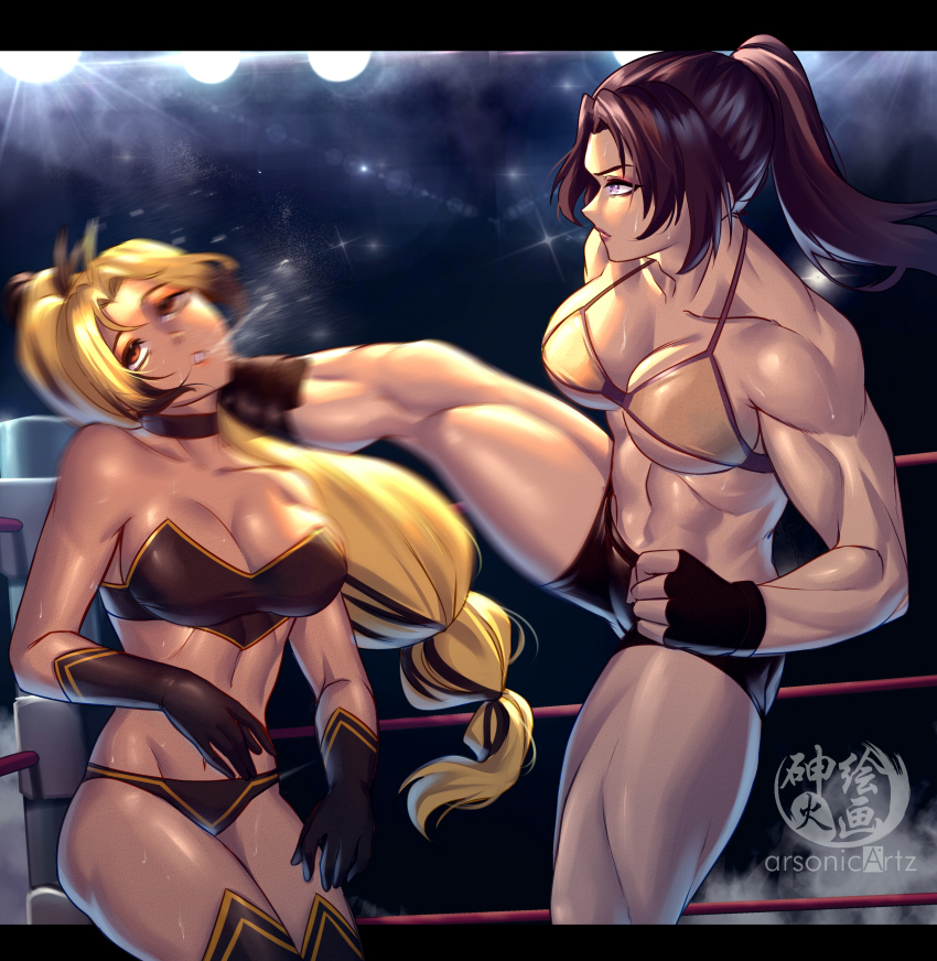 2girls, abs, absurdres, arsonichawt, bare_arms, bare_legs, bare_pectorals, biceps