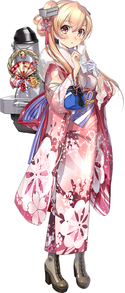 1girl, bell, boots, brown_eyes, full_body, gloves, japanese_clothes, johnston_(kancolle), johnston_(new_year)_(kancolle), kantai_collection, kimono, lace-up_boots, light_brown_hair, long_hair, new_year, non-web_source, official_art, pink_kimono, rigging, single_glove, transparent_background, two_side_up, zeco