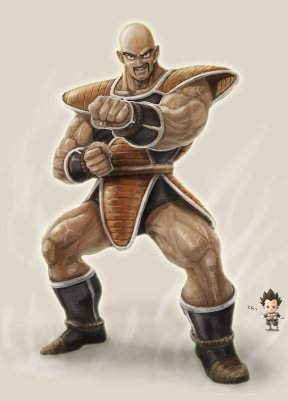 2boys, alien, armor, bad_id, bad_pixiv_id, bald, boots, chibi, clenched_hand, clenched_hands, dragon_ball, dragonball_z, facial_hair, fighting_stance, grin, kewpie_doll, male_focus, manly, multiple_boys, muscular, mustache, nappa, obada, outstretched_arms, realistic, simple_background, smile, spiked_hair, spread_arms, vegeta, veins