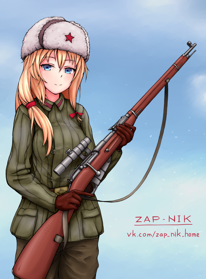 1girl, artist_name, belt, belt_buckle, blonde_hair, blue_eyes, blue_sky, bolt_action