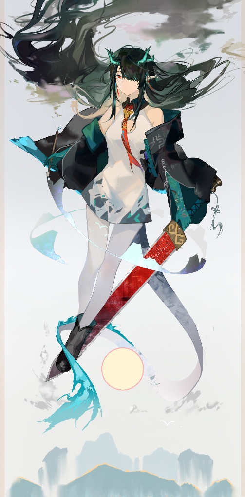 1girl, annnnq, arknights, black_boots, black_hair, black_jacket, boots, breasts, closed_mouth, commentary_request, dress, dusk_(arknights), floating_hair, grey_background, hair_over_one_eye, holding, holding_paintbrush, holding_sword, holding_weapon, horns, jacket, long_hair, looking_at_viewer, medium_breasts, off_shoulder, open_clothes, open_jacket, paintbrush, pantyhose, pointy_ears, red_eyes, sleeveless, sleeveless_dress, solo, sword, tail, very_long_hair, weapon, white_dress, white_pantyhose