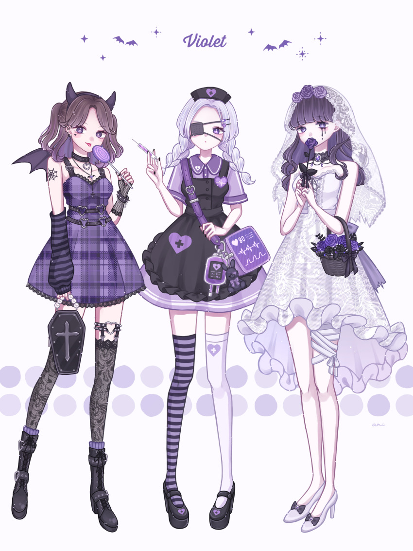 3girls, absurdres, animal_charm, ari_(oonmnmooo), arm_warmers, asymmetrical_gloves, asymmetrical_legwear, bag, bag_charm, bandaged_leg, bandages, basket, bat_(animal), belt, blood, blood_bag, blush, boots, bow, bracelet, braid, candy, charm_(object), choker, collared_dress, commentary, covering_own_mouth, dress, elbow_carry, eyepatch, fake_horns, fashion, fingerless_gloves, fishnet_gloves, fishnets, flower, food, footwear_bow, frilled_dress, frills, full_body, garter_belt, gloves, goth_fashion, grey_hair, hair_flower, hair_ornament, hairband, hairclip, hat, heart, heart_o-ring, high_heels, highres, holding, holding_bag, holding_basket, holding_candy, holding_flower, holding_food, holding_lollipop, holding_syringe, horns, jewelry, lace, lace-trimmed_dress, lace-trimmed_veil, lace_thighhighs, lace_trim, lollipop, long_hair, long_sleeves, makeup, medical_eyepatch, messenger_bag, multiple_girls, nail_polish, necklace, nurse_cap, o-ring, original, parted_bangs, pendant, pinafore_dress, plaid_clothes, plaid_dress, platform_footwear, purple_eyes, purple_flower, purple_hair, purple_rose, purple_theme, rabbit_charm, rose, runny_makeup, short_sleeves, shoulder_bag, shoulder_tattoo, sleeveless, sleeveless_dress, sparkle, spider_web_tattoo, spiked_bracelet, spikes, strapless, strapless_dress, striped_arm_warmers, striped_clothes, striped_thighhighs, swirl_lollipop, untranslatable_commentary, syringe, tattoo, thigh_strap, thighhighs, tongue, tongue_out, twin_braids, two_side_up, veil, yami_kawaii
