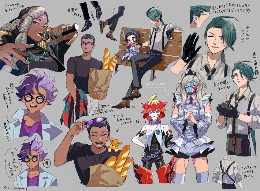 2boys, 5girls, ahoge, aqua_nails, backwards_hat, bare_shoulders, baseball_cap, belt