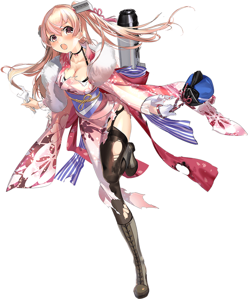 1girl, bell, boots, breasts, brown_eyes, full_body, gloves, japanese_clothes, johnston_(kancolle), johnston_(new_year)_(kancolle), kantai_collection, kimono, light_brown_hair, long_hair, medium_breasts, new_year, non-web_source, official_art, pink_kimono, rigging, single_glove, torn_clothes, torn_kimono, transparent_background, two_side_up, zeco