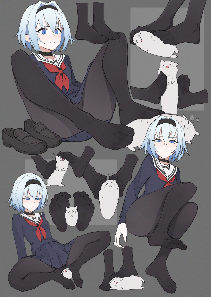 1girl, absurdres, black_choker, black_hairband, black_pantyhose, black_shoes, blue_eyes, blue_hair, blue_skirt, blush, cat, choker, closed_mouth, collar, commentary_request, convenient_leg, eyelashes, feet, feet_only, foot_focus, full_body, gradient_hair, grey_background, grey_hair, hair_between_eyes, hairband, highres, holding_with_feet, lan_mao_akko, legs, loafers, long_sleeves, medium_hair, miniskirt, multicolored_hair, neckerchief, no_shoes, pantyhose, pleated_skirt, red_neckerchief, ryuuou_no_oshigoto!, school_uniform, shadow, shoes, simulated_footjob, sitting, skirt, soles, solo, sora_ginko, spread_legs, thighs, toe_scrunch, toenails, toes, white_collar