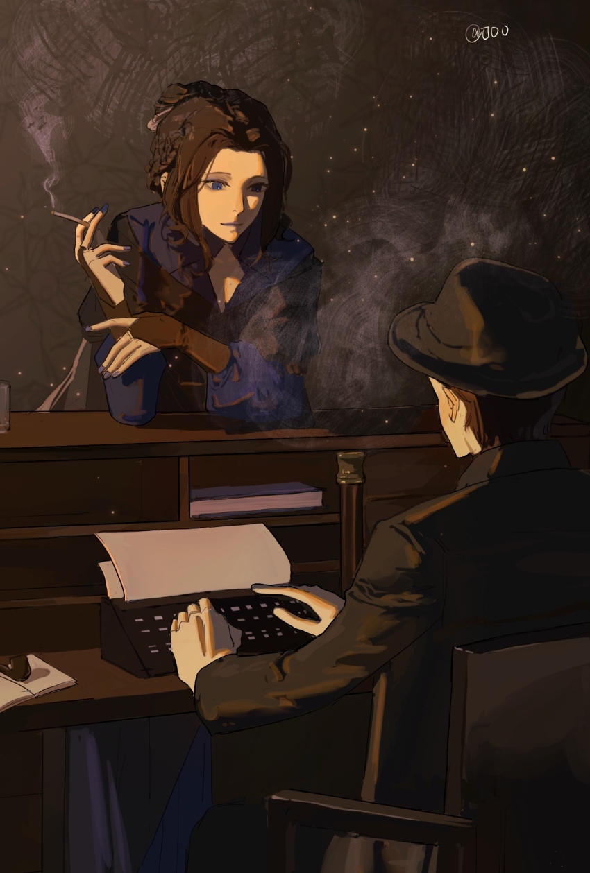 1boy, 1girl, black_hair, black_headwear, black_jacket, blue_eyes, book, breasts