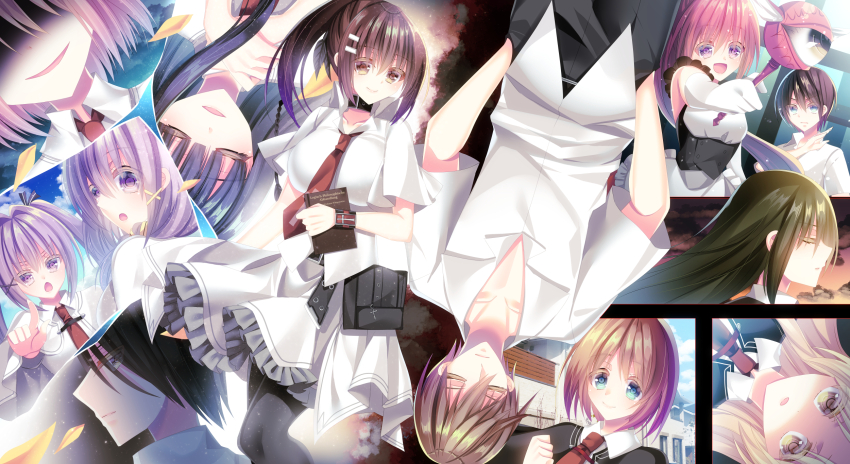 2boys, 6+girls, black_hair, bow, brown_eyes, brown_hair, choker, closed_eyes