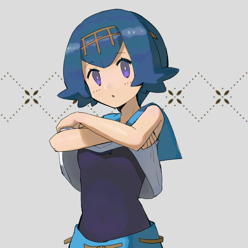 1girl, blue_hair, blue_pants, blue_sailor_collar, bright_pupils, clothes_lift, commentary_request, freckles, hairband, highres, lana_(pokemon), lifting_own_clothes, nintendo, no_sclera, one-piece_swimsuit, pants, parted_lips, peppedayo_ne, pokemon, pokemon_sun_and_moon, purple_eyes, sailor_collar, shirt, shirt_lift, short_hair, sleeveless, sleeveless_shirt, solo, swimsuit, swimsuit_under_clothes, upper_body, white_pupils, white_shirt, yellow_hairband