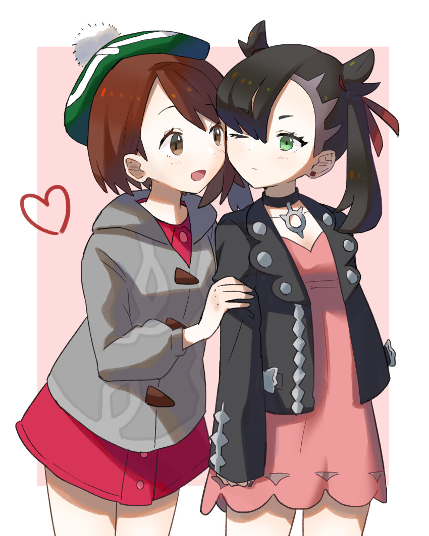 2girls, :d, absurdres, asymmetrical_bangs, black_choker, black_hair, black_jacket, black_nails