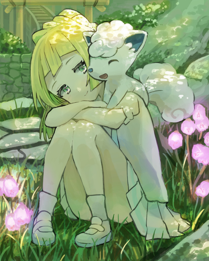 1girl, absurdres, alolan_form, alolan_vulpix, blonde_hair, braid, closed_mouth, commentary_request