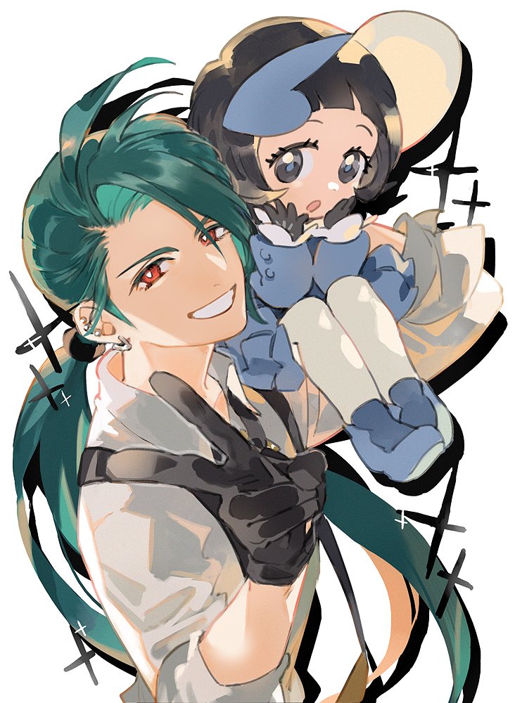 2girls, black_gloves, black_hair, black_necktie, blunt_bangs, bright_pupils, carrying, collared_shirt