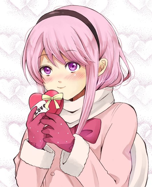 1girl, box, box_of_chocolates, enpera, gift, gift_box, gloves, hairband, heart, heart-shaped_box, hinekuru, holding, holding_gift, hoshi_wo_miru_hito, long_hair, misa_(hoshi_wo_miru_hito), pink_eyes, pink_hair, romancing_stella_visor, scarf, solo, valentine, winter_clothes
