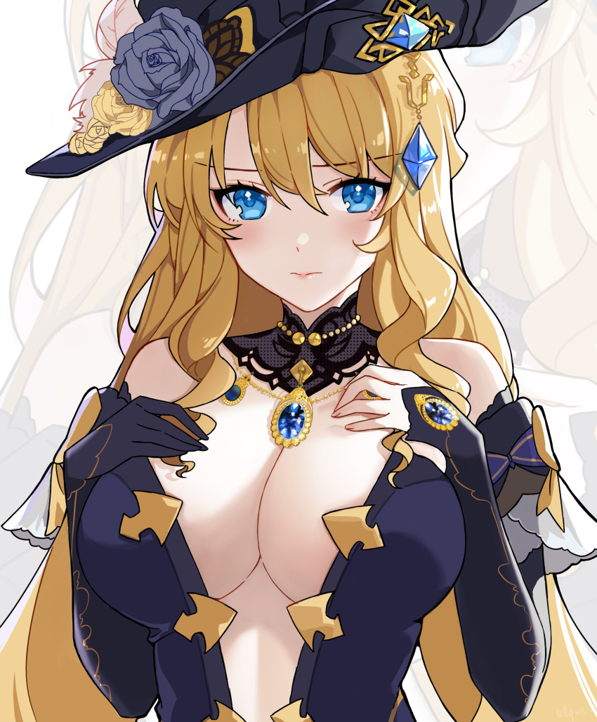1girl, absurdres, bare_shoulders, black_dress, black_gloves, black_hat, blonde_hair, blue_eyes