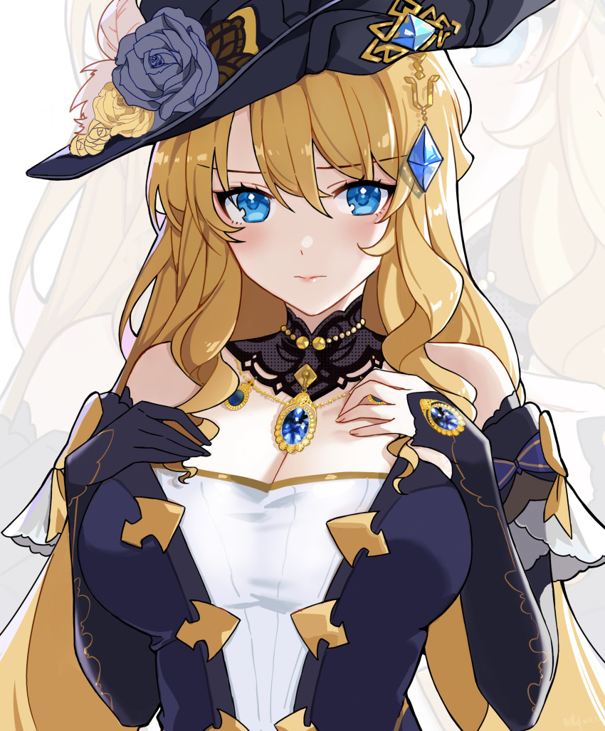 1girl, absurdres, bare_shoulders, black_dress, black_gloves, black_hat, blonde_hair, blue_eyes