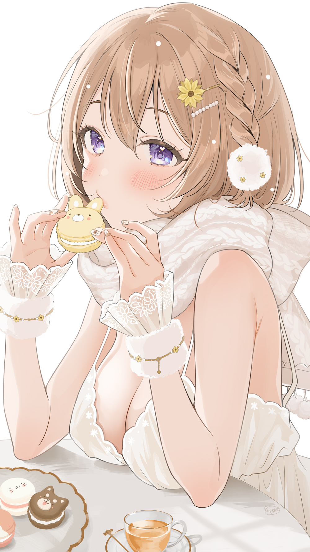 1girl, bare_shoulders, braid, breast_rest, breasts, brown_hair, cleavage, cookie