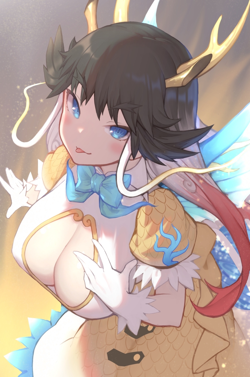 1girl, :p, akuma_(st.takuma), antlers, black_hair, blue_bow, blue_bowtie, blue_eyes