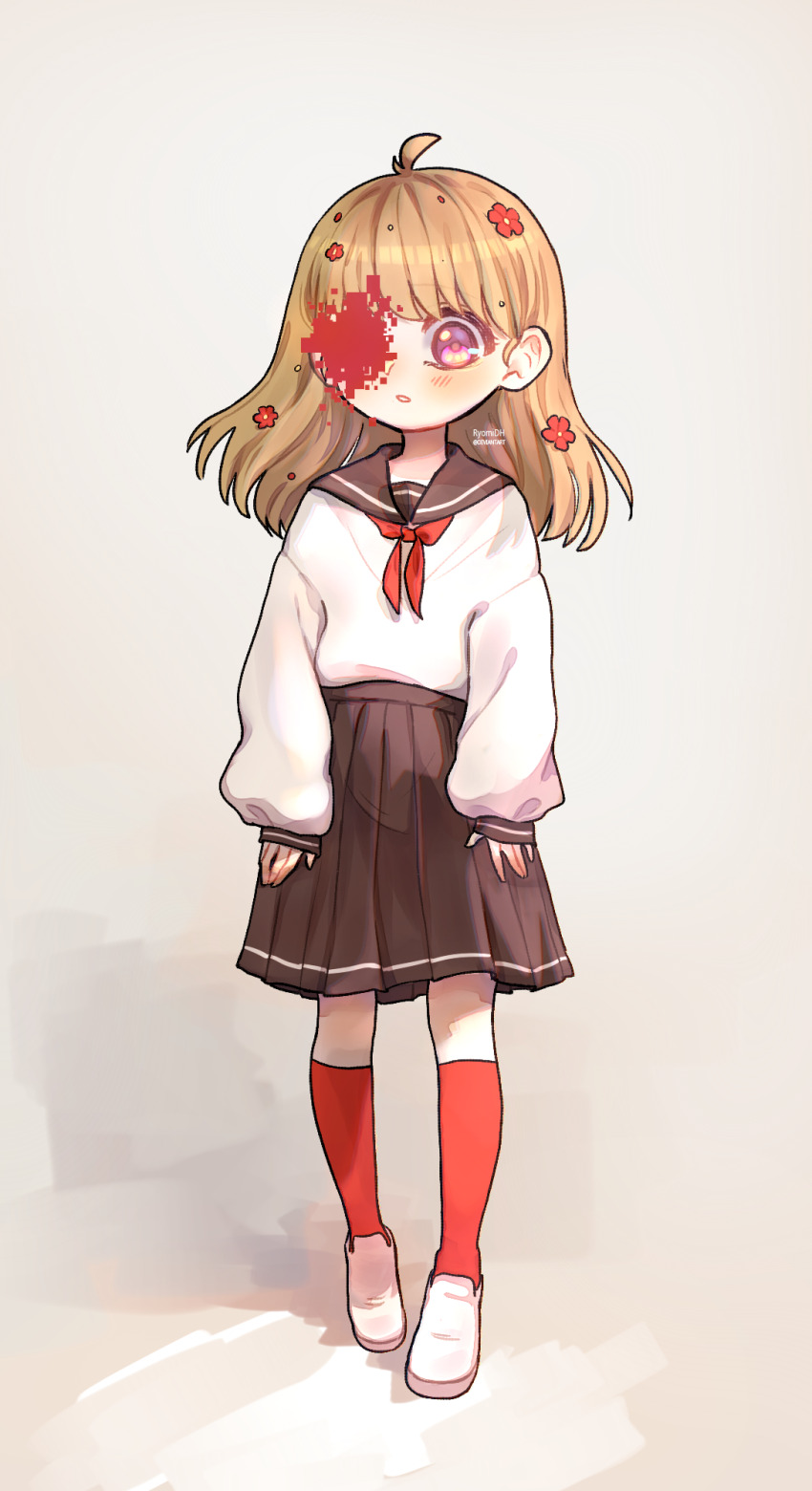 1girl, ahoge, arms_at_sides, artist_name, black_sailor_collar, black_skirt, censored, commentary