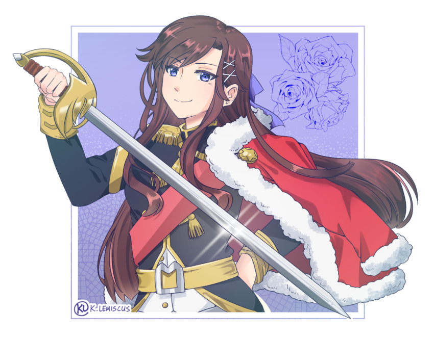 1girl, artist_name, belt, belt_buckle, black_jacket, border, bow, brown_hair, buckle, buttons, closed_mouth, commentary, english_commentary, epaulettes, floral_background, flower, fur-trimmed_jacket, fur_trim, glint, hair_bow, hair_ornament, half_updo, hand_on_own_hip, hand_up, holding, holding_sword, holding_weapon, jacket, jacket_on_shoulders, kaylemiscus, long_hair, long_sleeves, looking_at_viewer, mixed-language_commentary, outside_border, purple_background, purple_bow, purple_eyes, rapier, red_jacket, red_sash, rose, sash, shirt, shoujo_kageki_revue_starlight, shoulder_sash, sidelocks, smile, solo, standing, sword, tendo_maya, twintails, upper_body, very_long_hair, weapon, white_border, white_shirt, x_hair_ornament, yellow_belt