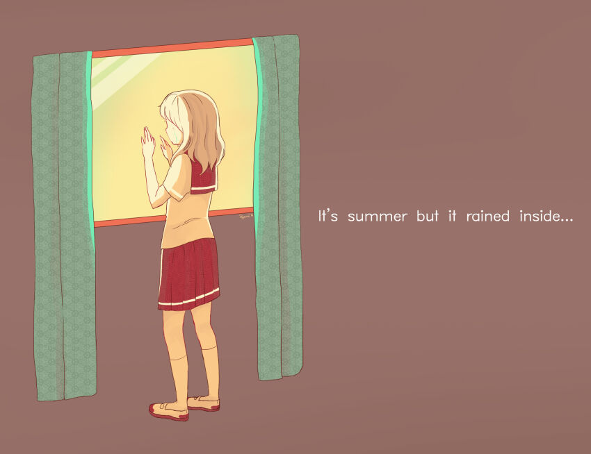 ..., 1girl, artist_name, blonde_hair, brown_background, brown_sailor_collar, brown_shoes, brown_skirt, commentary, crying, curtains, english_commentary, english_text, facing_to_the_side, full_body, heart, highres, indoors, lonely, looking_outside, medium_hair, multicolored_shoes, no_eyes, original, ryomidh, sad, sailor_collar, school_uniform, serafuku, shoes, short_sleeves, simple_background, skirt, sky, socks, solo, standing, summer, tears, two-tone_shoes, uwabaki, window, yellow_serafuku, yellow_shoes, yellow_sky, yellow_socks