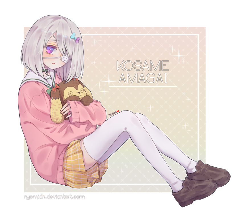 1girl, amagai_kosame, aqua_bow, artist_name, black_footwear, border, bow, bowtie, cardigan, character_name, choker, commentary, deviantart_username, eyepatch, full_body, gradient_background, green_bow, green_bowtie, green_choker, hair_bow, heart, heart_choker, highres, holding, holding_stuffed_toy, hugging_object, light_blush, long_sleeves, looking_to_the_side, mahou_shoujo_site, medical_eyepatch, one_eye_covered, outside_border, parted_lips, pink_cardigan, plaid_clothes, plaid_skirt, pleated_skirt, purple_bow, red_bow, romaji_text, ryomidh, sailor_collar, school_uniform, serafuku, short_hair, sitting, skirt, sleeves_past_wrists, solo, sparkle_background, stuffed_animal, stuffed_toy, thighhighs, watermark, web_address, white_border, white_hair, white_sailor_collar, white_thighhighs, yellow_skirt