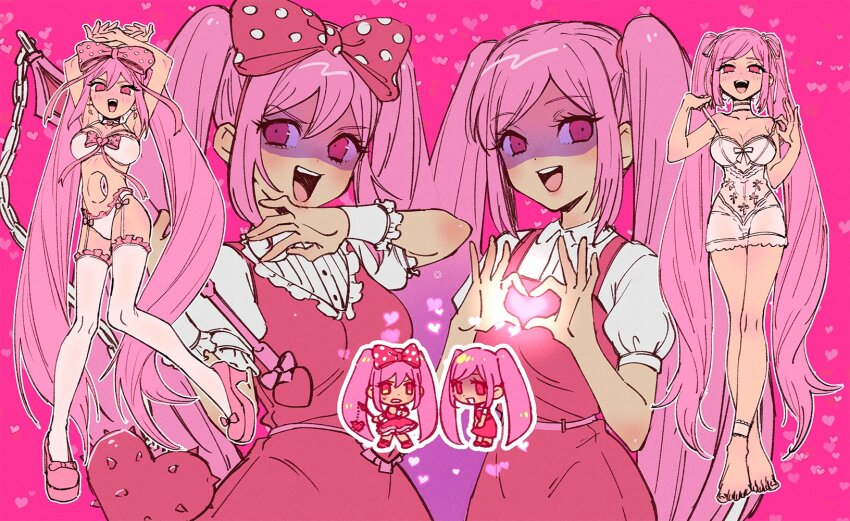 2girls, babydoll, ball_and_chain_(weapon), blush, bow, bow_bra, bra, breasts, choker, commentary_request, dark-skinned_female, dark_skin, dress, dual_persona, flail, full_body, garter_straps, hair_bow, heart, heart_hands, highres, large_breasts, long_hair, mace, multiple_girls, ojou-sama_pose, omori, open_mouth, panties, perfectheart_(omori), pink_bow, pink_dress, pink_eyes, pink_shoes, pink_theme, platform_footwear, platform_heels, polka_dot, polka_dot_bow, puffy_short_sleeves, puffy_sleeves, shaded_face, shirt, shoes, short_sleeves, smile, sweetheart_(omori), thighhighs, toastytoast, twintails, underwear, very_long_hair, weapon, white_babydoll, white_bra, white_choker, white_panties, white_shirt, white_thighhighs