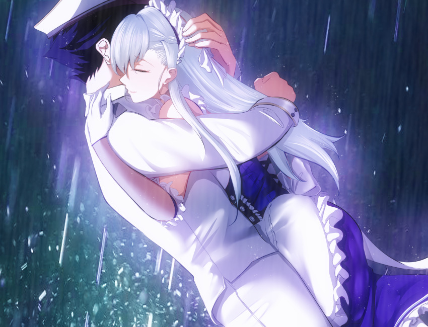 1boy, 1girl, azur_lane, belfast_(azur_lane), commander_(azur_lane), dress, dutch_angle, elbow_gloves