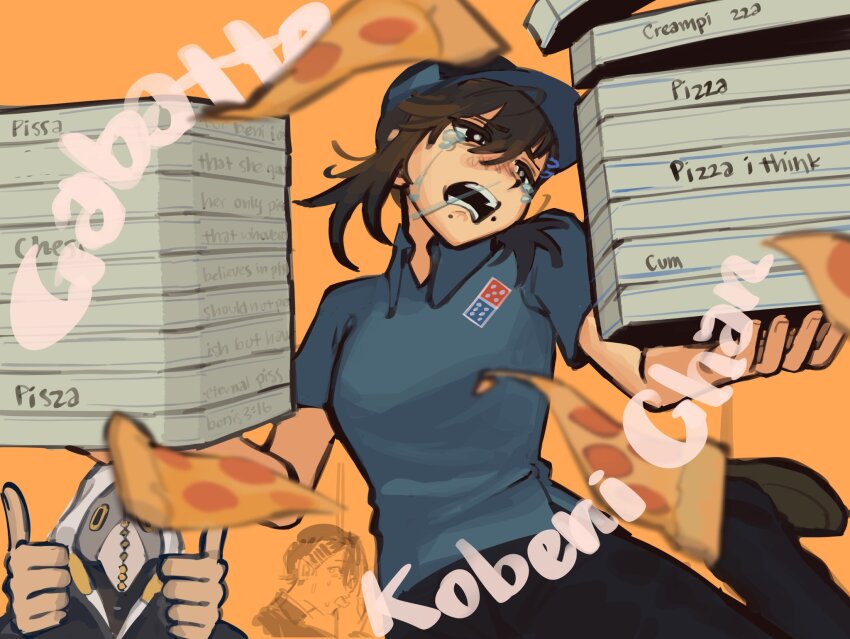 1girl, 2boys, blue_headwear, blue_shirt, brown_hair, chainsaw_man, character_name, collared_shirt, crying, crying_with_eyes_open, double_thumbs_up, employee_uniform, facing_viewer, fast_food_uniform, food, higashiyama_kobeni, higashiyama_nobana, highres, holding, holding_food, holding_pizza, kobeni_otouto, licking_window, liowig, looking_at_viewer, looking_back, looking_to_the_side, medium_hair, mole, mole_under_mouth, multiple_boys, open_mouth, pizza, plague_doctor_mask, ponytail, shirt, short_ponytail, simple_background, single_sidelock, snot, swept_bangs, tears, thumbs_up, violence_fiend_(chainsaw_man), yellow_background