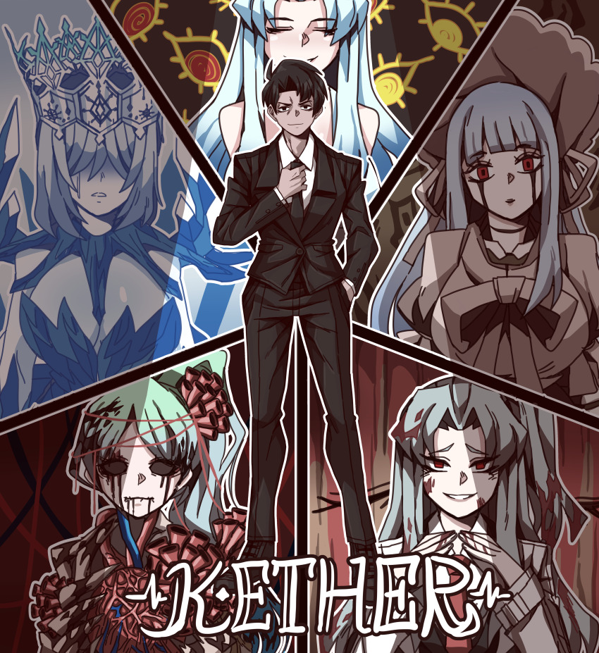 1boy, 5girls, absurdres, adjusting_clothes, adjusting_necktie, angela_(project_moon), aqua_eyes, b2k, black_eyes, black_footwear, black_hair, black_jacket, black_necktie, black_pants, black_suit, black_vest, blood, blood_from_mouth, blood_in_hair, blood_on_face, blood_on_hands, bloodbath_(project_moon), bloody_tears, blue_dress, blue_hair, blunt_bangs, bonnet, breasts, brown_dress, claws, cleavage, closed_eyes, collar, collared_shirt, crown, disembodied_eye, dress, e.g.o_(project_moon), facing_viewer, formal_clothes, frost_shard_(e.g.o), full_body, hair_ornament, hair_over_eyes, hand_in_pocket, heart_(organ), heart_of_aspiration, highres, hollow_eyes, jacket, lab_coat, large_breasts, library_of_ruina, light_blue_hair, long_hair, looking_at_viewer, medium_breasts, medium_hair, multiple_girls, multiple_persona, necktie, official_alternate_costume, one_side_up, outline, pants, parted_bangs, parted_lips, pinocchio_(project_moon), project_moon, red_eyes, red_necktie, remorse_(e.g.o), roland_(project_moon), shirt, shoes, side_ponytail, silent_girl_(project_moon), sleeveless, sleeveless_dress, smile, smirk, snow_queen_(project_moon), strapless, strapless_dress, string, suit, tears, upper_body, vest, white_dress, white_outline, white_shirt, wrist_cutter_(e.g.o)