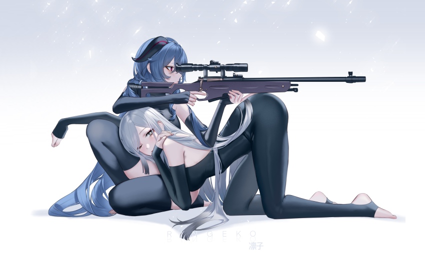 2girls, absurdres, aiming, all_fours, artist_name, ass, black_thighhighs, blue_hair, bodystocking, bolt_action, commentary, curled_horns, detached_sleeves, english_commentary, fingerless_gloves, from_side, full_body, ganyu_(genshin_impact), genshin_impact, gloves, gradient_background, grey_eyes, grey_hair, gun, hair_spread_out, highres, holding, holding_gun, holding_weapon, horns, long_hair, long_sleeves, looking_at_viewer, looking_to_the_side, multiple_girls, no_shoes, one_eye_closed, optical_sight, red_eyes, rifle, ringeko-chan, scope, shenhe_(genshin_impact), simple_background, sleeves_past_wrists, sniper_rifle, stirrup_legwear, sv-98, thighhighs, toeless_legwear, very_long_hair, weapon