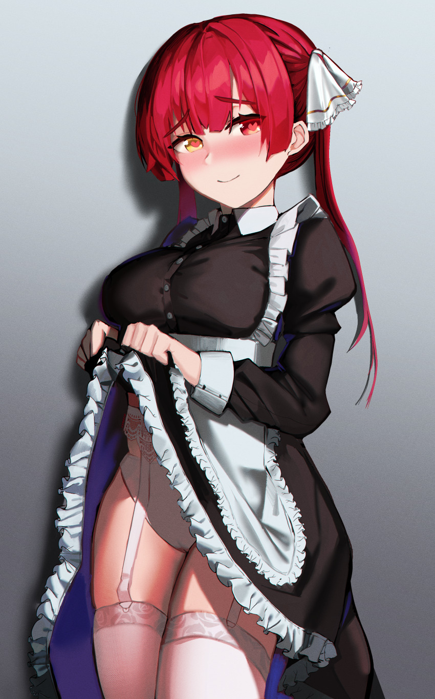 1girl, absurdres, alternate_costume, apron, black_dress, blush, breasts, closed_mouth