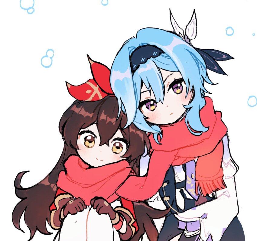 2girls, 5rwpvc, amber_(genshin_impact), black_headband, black_pants, blue_hair, blush, bow