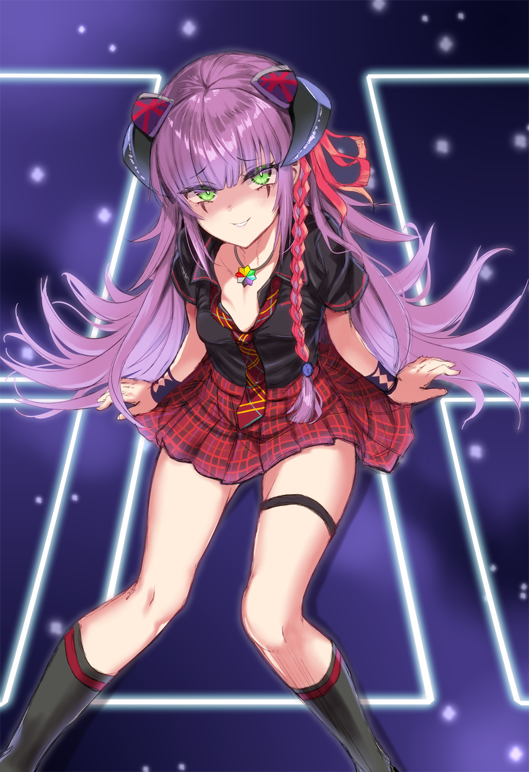 1girl, alternate_costume, braid, dark_persona, duel_monster, facial_mark, green_eyes, grin