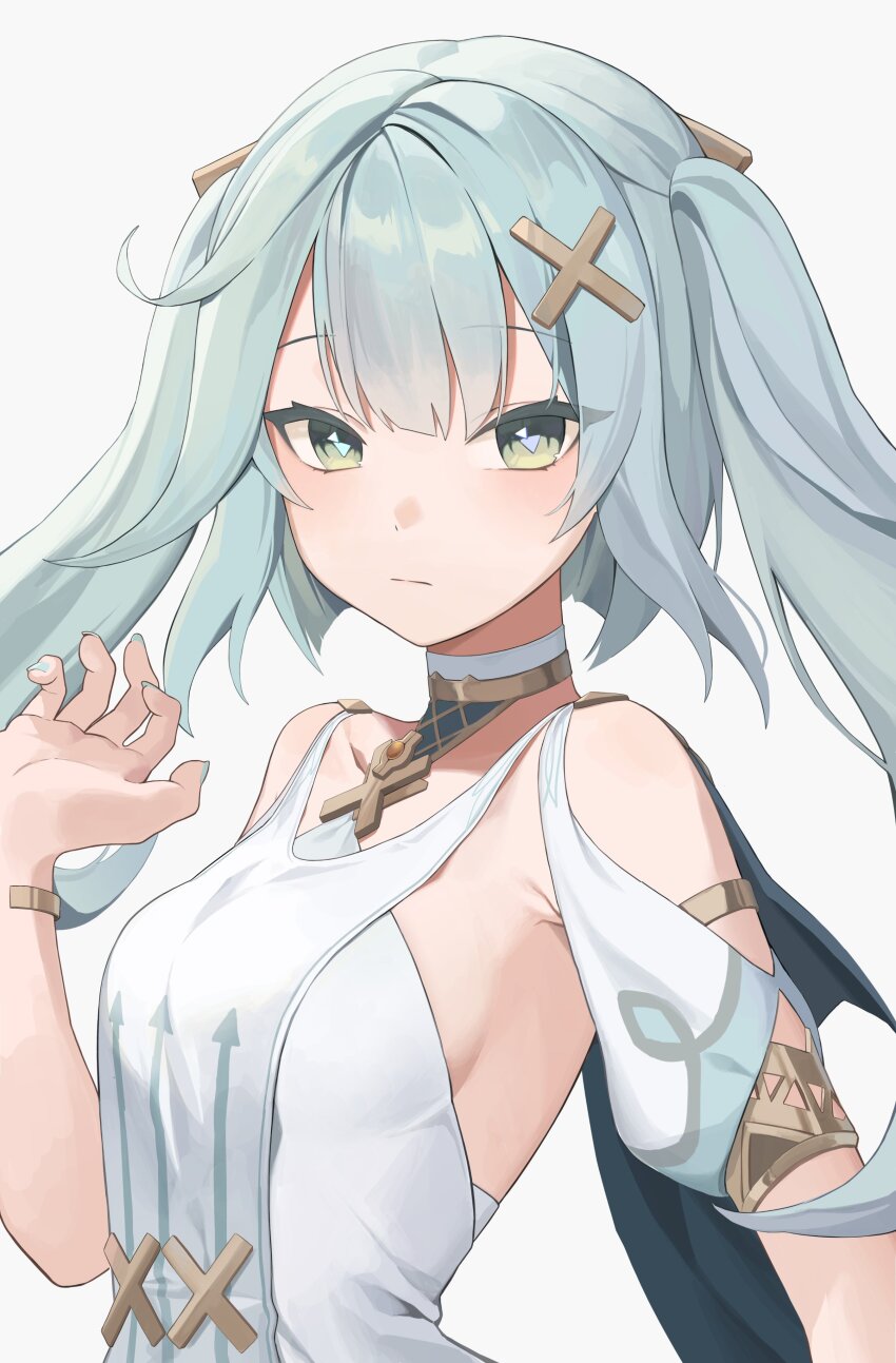 1girl, :/, absurdres, bare_shoulders, blue_nails, choker, cross_hair_ornament, expressionless