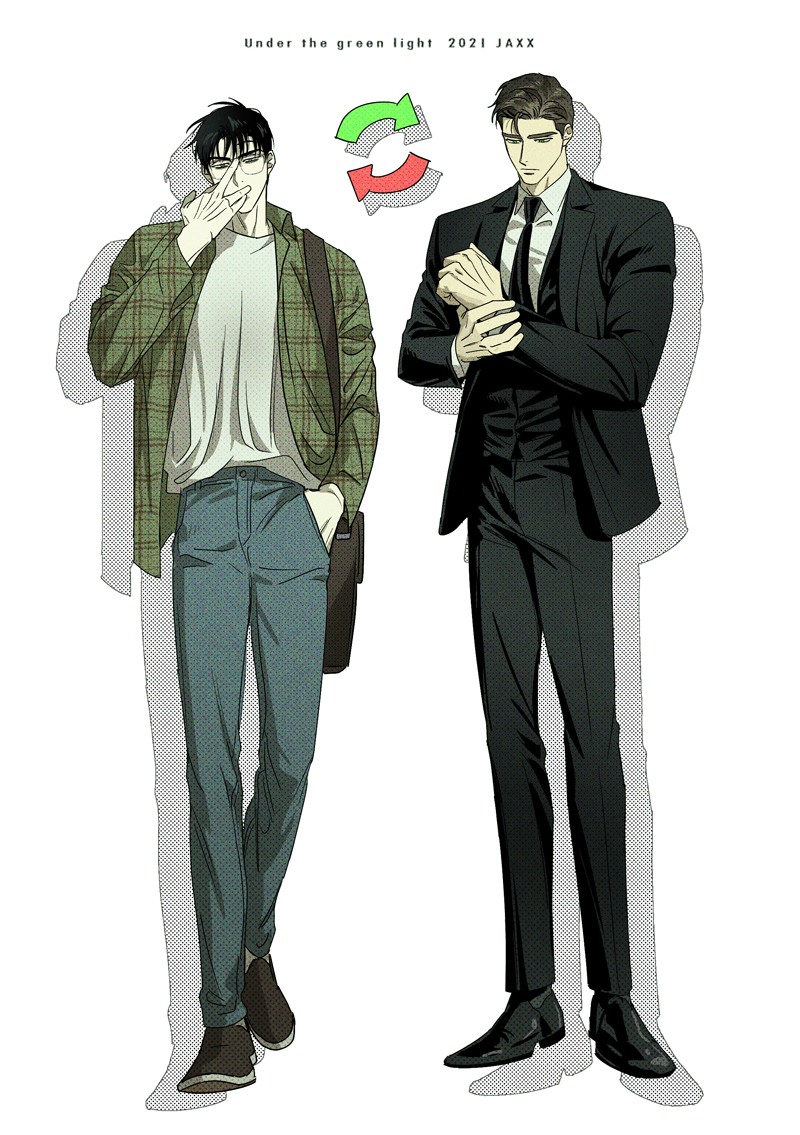 2boys, adjusting_eyewear, artist_name, black_footwear, black_hair, black_jacket, black_necktie, blue_eyes