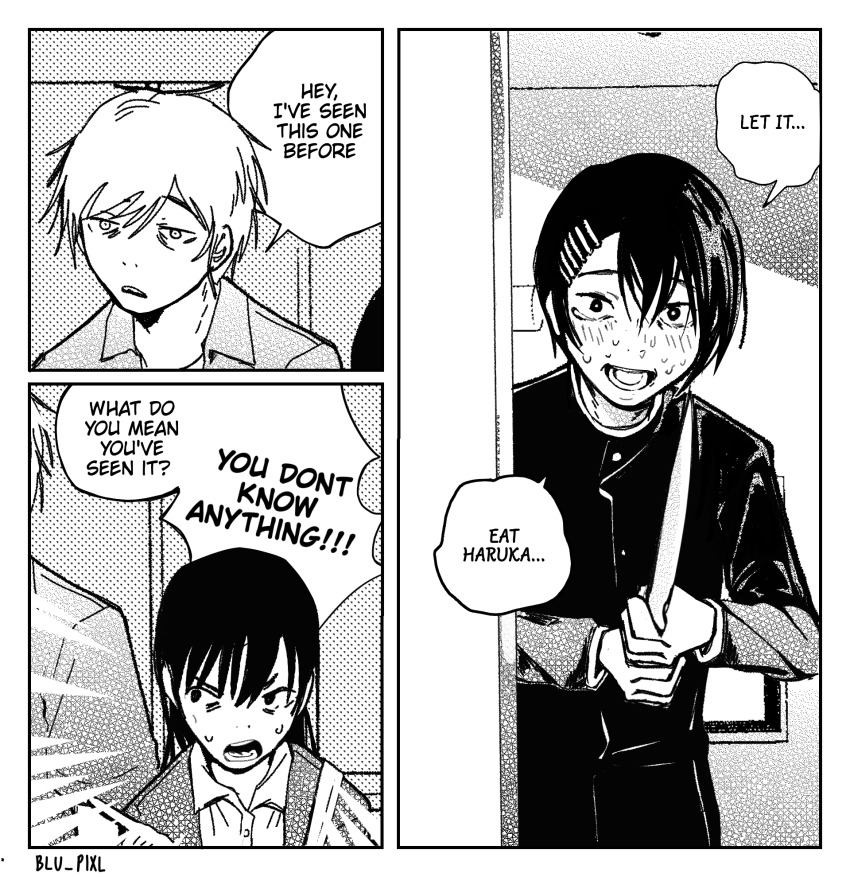 1girl, 2boys, artist_name, blupixl, chainsaw_man, comic, commentary, denji_(chainsaw_man)