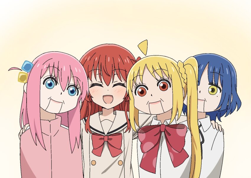 4girls, ^_^, blonde_hair, blue_eyes, blue_hair, blush, bocchi_the_rock!, bow