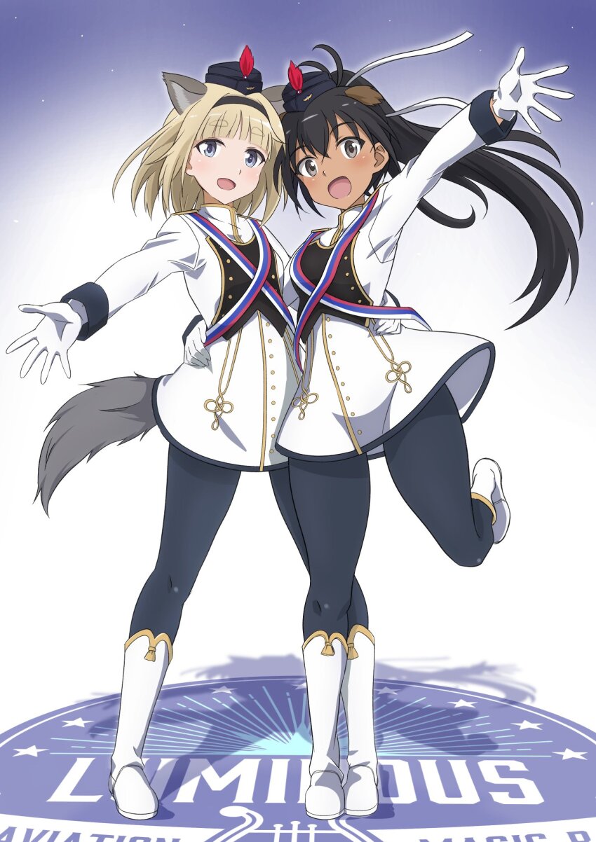 2girls, animal_ears, aviation_magic_band, black_hair, black_hairband, black_pantyhose, blonde_hair, blue_eyes, blush, boots, breasts, brown_eyes, full_body, gloves, hairband, hat, highres, idol, long_hair, looking_at_viewer, luminous_witches, manaia_matawhaura_hato, maria_magdalena_dietrich, multiple_girls, open_mouth, pantyhose, ponytail, small_breasts, smile, squirrel_ears, squirrel_tail, tail, tricky_46, uniform, white_footwear, white_gloves, wing_ears, world_witches_series