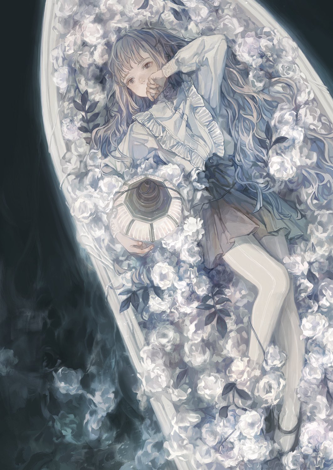 1girl, bed_of_roses, black_background, black_footwear, black_skirt, covering_own_mouth, flower, full_body