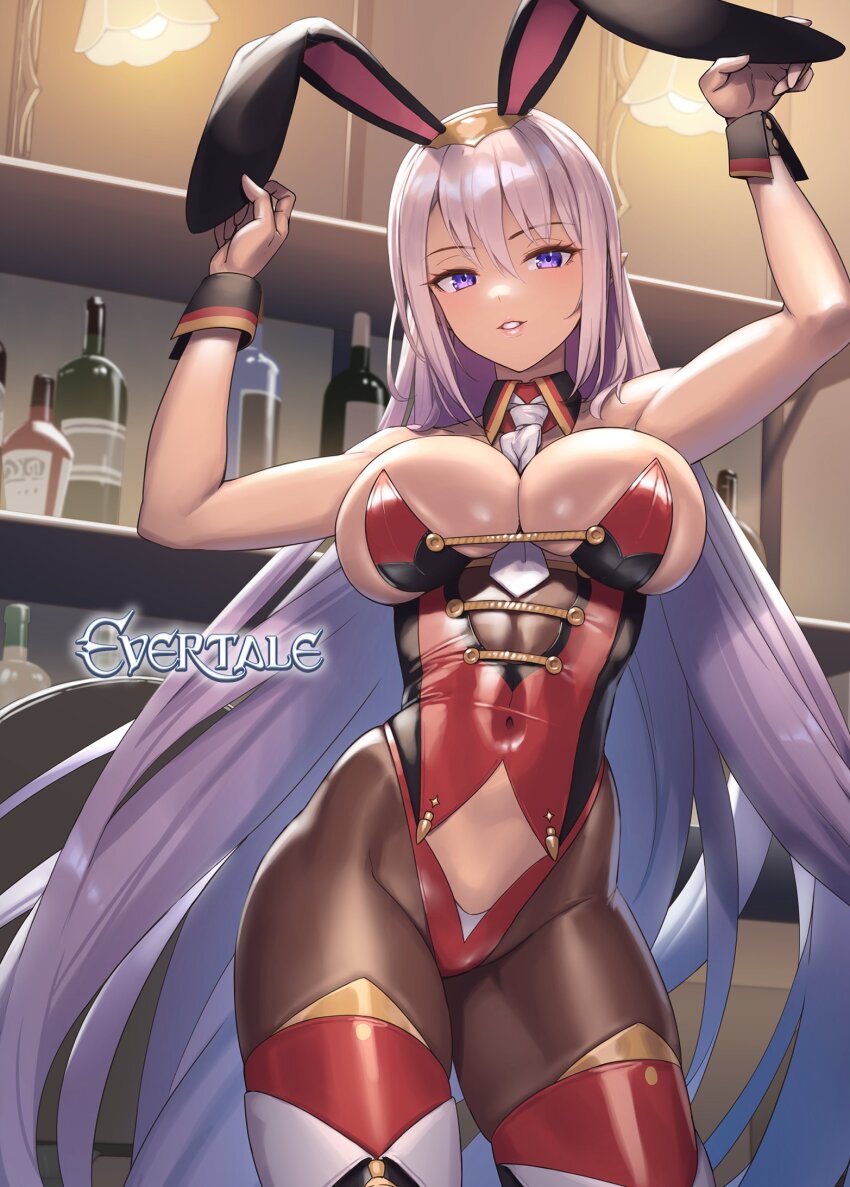 1girl, alternate_costume, animal_ears, bare_shoulders, between_breasts, breasts, commentary_request, copyright_name