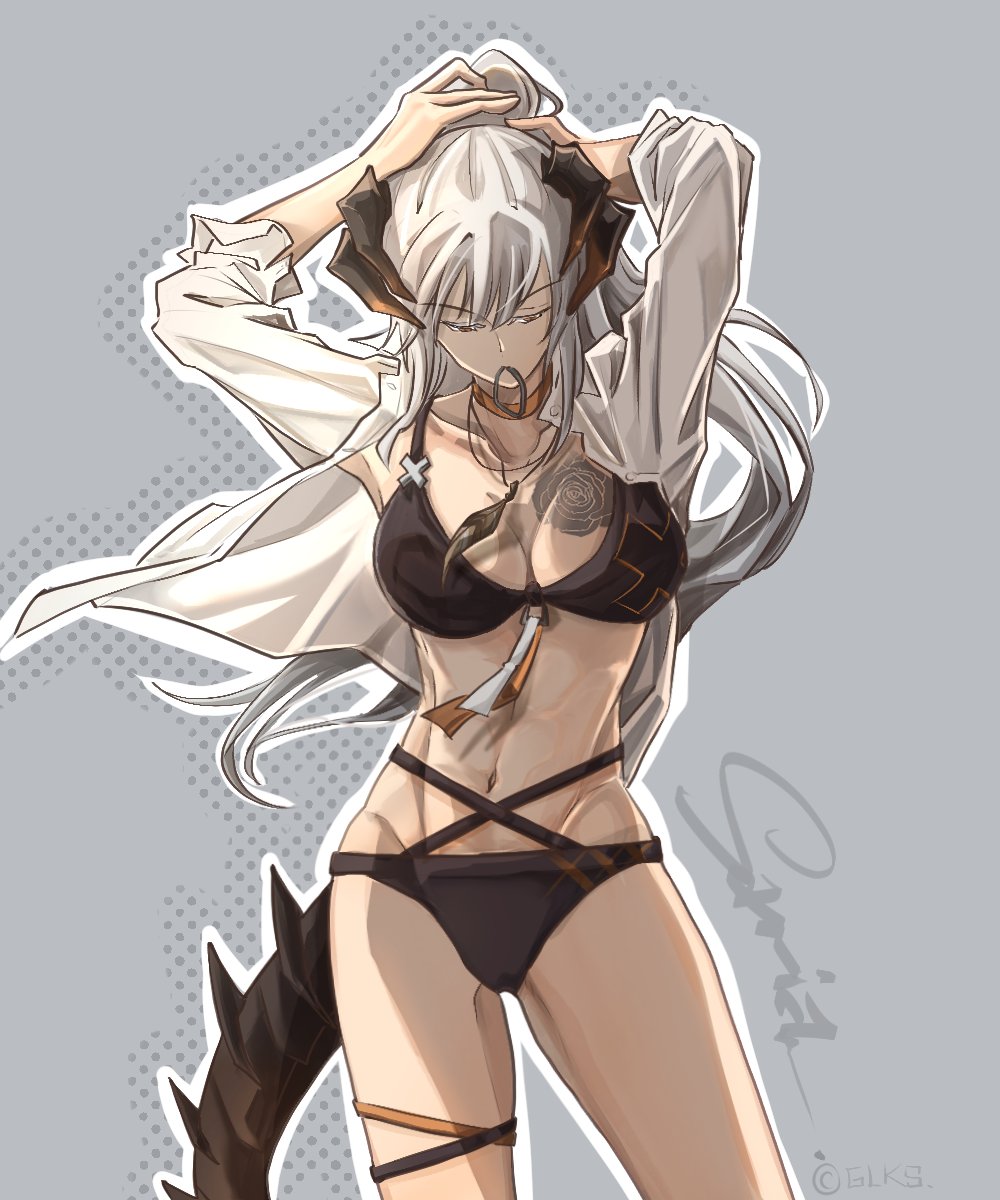 1girl, arknights, bikini, black_bikini, breast_tattoo, breasts, choker, collared_shirt, cowboy_shot, dragon_girl, dragon_horns, dragon_tail, glk_sier, grey_background, grey_hair, hands_in_own_hair, highres, holding, holding_own_hair, horns, large_breasts, long_hair, mixed-language_commentary, multi-strapped_bikini, navel, open_clothes, open_shirt, orange_eyes, saria_(arknights), shirt, swimsuit, tail, tattoo, white_shirt
