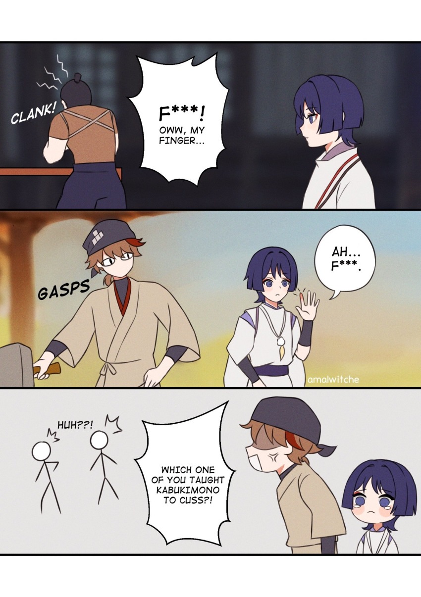 !, 3boys, 3koma, amalwitche, anger_vein, brown_hair, censored, censored_text, comic, english_text, eyeshadow, genshin_impact, highres, katsuragi_(genshin_impact), makeup, male_focus, multicolored_hair, multiple_boys, niwa_(genshin_impact), profanity, red_eyeshadow, red_hair, scaramouche_(genshin_impact), scaramouche_(kabukimono)_(genshin_impact), stick_figure, streaked_hair, tears