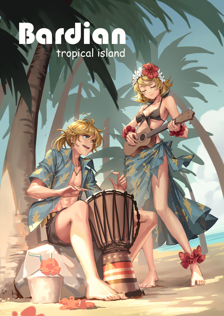 1boy, 1girl, :d, bare_legs, barefoot, beach, bikini, bikini_top_only