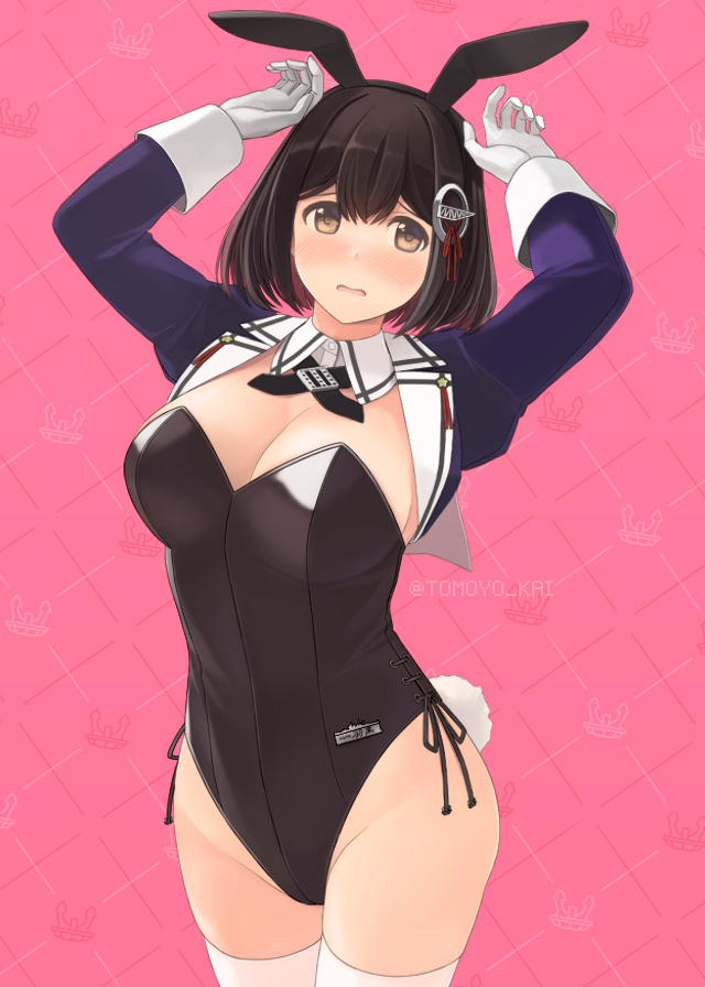 1girl, adapted_costume, animal_ears, black_hair, black_leotard, bob_cut, bow, bowtie