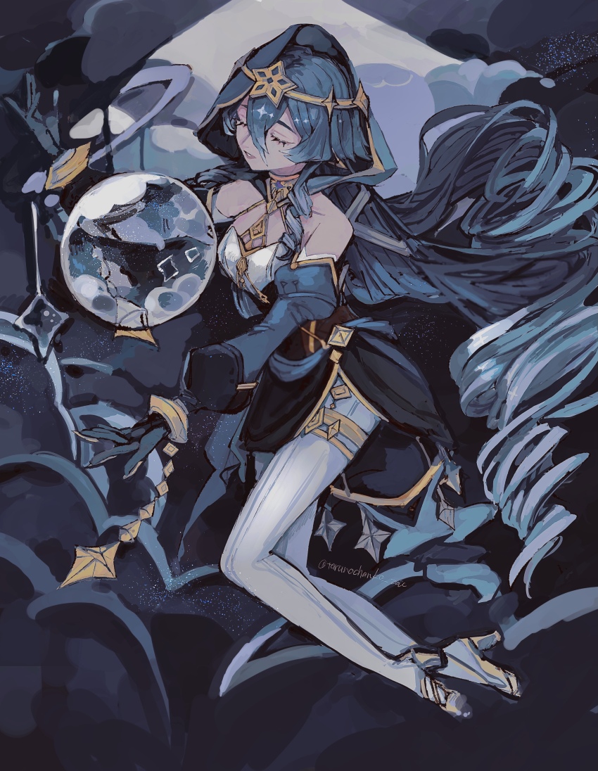 1girl, absurdres, bare_shoulders, black_gloves, blue_hair, blue_hood, blue_sleeves, breasts, claw_ring, cleavage, closed_eyes, cloud, crystal_ball, dark, detached_sleeves, drill_hair, drill_sidelocks, genshin_impact, gloves, gold_choker, gold_footwear, gold_trim, hair_between_eyes, high_heels, highres, hood, hood_up, jewelry, juliet_sleeves, layla_(genshin_impact), long_hair, long_sleeves, looking_at_viewer, medium_breasts, neck_ring, night, pants, pointy_ears, puffy_sleeves, ringlets, shirt, sidelocks, smile, solo, tarunochanko, thighlet, twin_drills, very_long_hair, white_pants, yellow_eyes