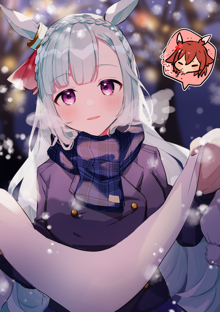 2girls, 6crcg, animal_ears, asymmetrical_bangs, blue_hair, blurry, blurry_background, blush