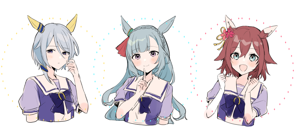 3girls, 6crcg, animal_ears, blue_hair, blush, bow, bowtie, braid