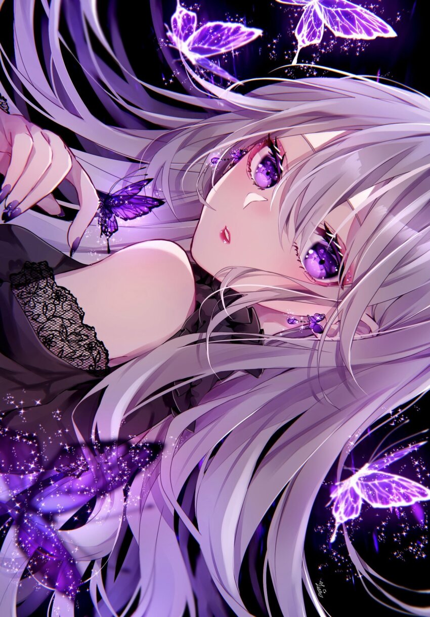 1girl, bare_shoulders, black_background, black_dress, black_nails, blurry, breasts, bug