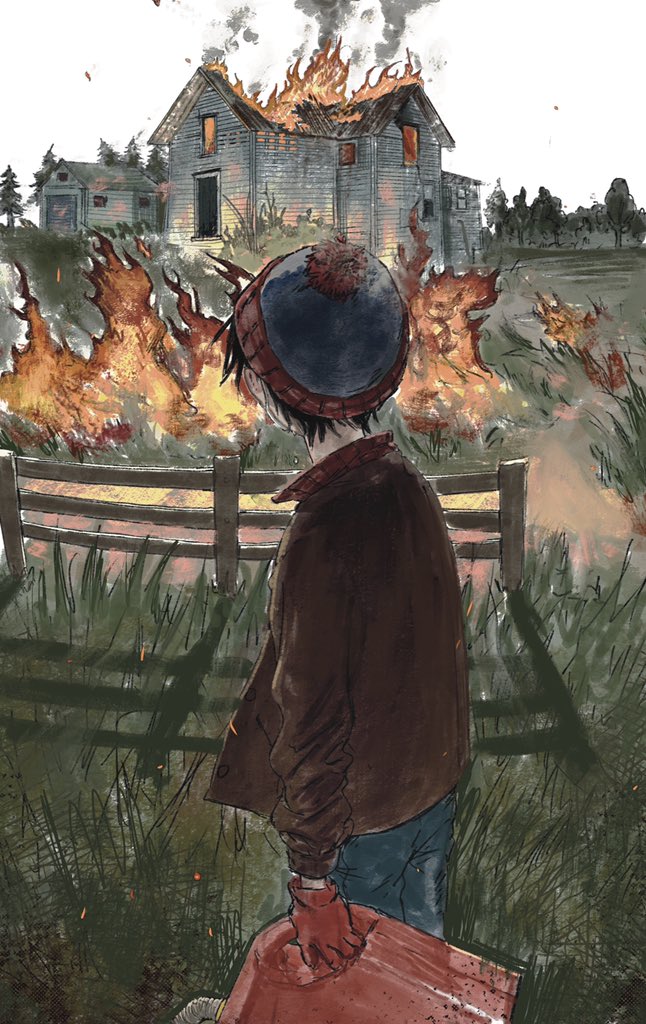 1boy, arson, beanie, black_hair, blue_headwear, brown_jacket, burning, burning_building, commentary, day, denim, embers, english_commentary, feet_out_of_frame, fence, field, fire, from_behind, garage, gas_can, gloves, grass, hat, holding, house, jacket, jeans, looking_ahead, open_clothes, open_jacket, outdoors, pants, pine_tree, pom_pom_(clothes), red_gloves, red_headwear, shadow, short_hair, sky, smoke, south_park, south_park:_post_covid, stan_marsh, tree, white_sky, wind, wooden_fence, xfgs